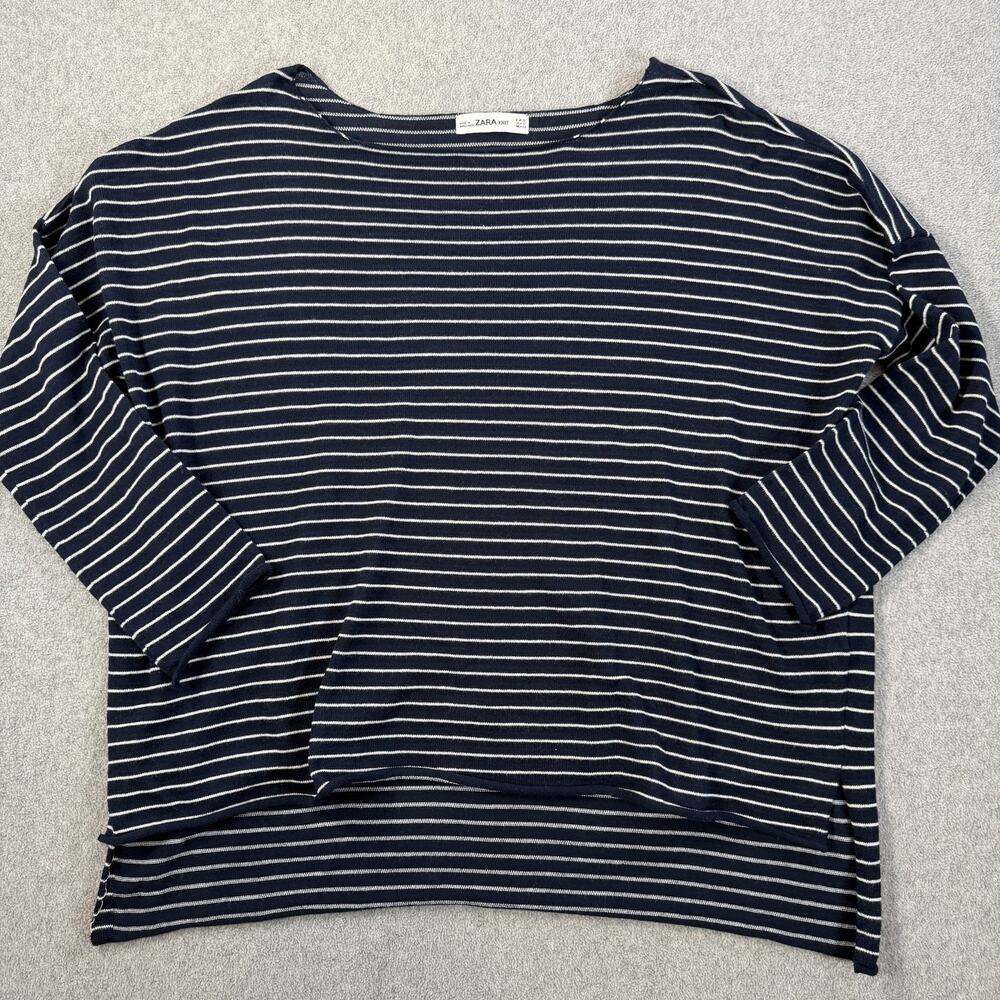 ZARA KNIT Womens Small Blue White Striped Boxy Pullover Top High Low Lightweight